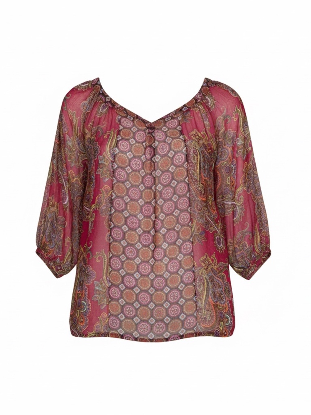 Paisley Print V-Neck Sheer Blouse - Magenta Pink